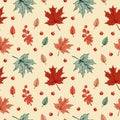 Colorful autumn seamless pattern with maple leaves and berries. Hand drawn vector illustration Royalty Free Stock Photo