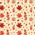 Colorful autumn seamless pattern with maple leaves and berries. Hand drawn vector illustration Royalty Free Stock Photo