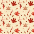 Colorful autumn seamless pattern with maple leaves and berries. Hand drawn vector illustration Royalty Free Stock Photo
