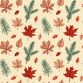 Colorful autumn seamless pattern with maple leaves and Christmas tree branches. Hand drawn vector illustration Royalty Free Stock Photo