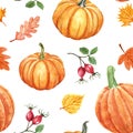 Colorful autumn seamless pattern. Watercolor hand painted pumkins, orange, red and yellow leaves and berries on white background. Royalty Free Stock Photo