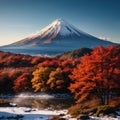 Colorful Autumn Season and Mountain Fuji with morning fog and red leaves at lake Kawaguchiko is one of the best places