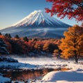 Colorful Autumn Season and Mountain Fuji with morning fog and red leaves at lake Kawaguchiko is one of the best places