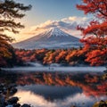 Colorful Autumn Season and Mountain Fuji with morning fog and red leaves at lake Kawaguchiko is one of the best places
