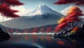 Colorful Autumn Season and Mountain Fuji with morning fog and red leaves at lake Kawaguchiko is one of the best places in Japan Royalty Free Stock Photo