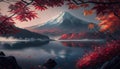 Colorful Autumn Season and Mountain Fuji with morning fog and red leaves at lake Kawaguchiko is one of the best places in Japan Royalty Free Stock Photo