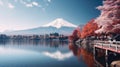 Colorful Autumn Season and Mountain Fuji with morning fog and red leaves at lake Kawaguchiko is one of the best places in Japan Royalty Free Stock Photo