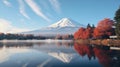 Colorful Autumn Season and Mountain Fuji with morning fog and red leaves at lake Kawaguchiko is one of the best places in Japan Royalty Free Stock Photo