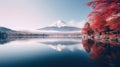 Colorful Autumn Season and Mountain Fuji with morning fog and red leaves at lake Kawaguchiko is one of the best places in Japan Royalty Free Stock Photo
