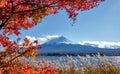 Colorful Autumn Season and Mountain Fuji with Snow capped peak and red leaves at lake Kawaguchiko is one of the best places in