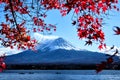 Colorful Autumn Season and Mountain Fuji with Snow capped peak and red leaves at lake Kawaguchiko is one of the best places in