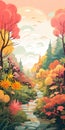 Colorful Autumn Stream Cartoon Painting With Nature Motifs Royalty Free Stock Photo