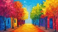 A colorful autumn street with radiant trees lining vivid townhouses in an expressionist style.