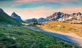 Colorful autumn sunrise on Sedlo pass. Picturesque morning view of Durmitor National Prk, Montenegro, Europe. Beautiful world of M Royalty Free Stock Photo