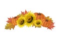 Colorful autumn and thanksgiving floral decoration, watercolor fall illustration with sunflower, pumpkin and autumn leaves