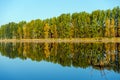 Colorful autumn trees near the river. Blue sky reflected in calm water. Landscape in sunny day Royalty Free Stock Photo