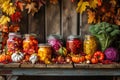 Colorful autumn vegetables in jars are placed on a wooden table in a rustic style Royalty Free Stock Photo