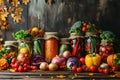 Colorful autumn vegetables in jars are placed on a wooden table in a rustic style Royalty Free Stock Photo