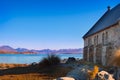 Colorful autumn view of Lake Tekapo with Church of good shepherd Royalty Free Stock Photo