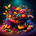 Colorful autumnal background with pumpkins, berries and leaves. Generative AI