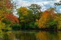 Colorful autumnal shoreline of the Red Cedar River in Michigan