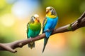 Two love birds perched on branch of tree. Colorful parrots.