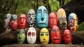 Colorful Avocadopunk Masks In The Forest: Symbolic Props In Stonepunk Style