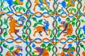 The colorful glazed tiles in Alcazar Palace`s wall in Seville, Spain