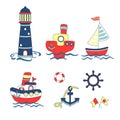 Colorful Baby background. Cartoon ships and boats set. Royalty Free Stock Photo