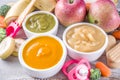 Colorful baby food puree Royalty Free Stock Photo