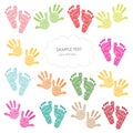 Colorful baby girl and boy foot and hand print arrival greeting card Royalty Free Stock Photo