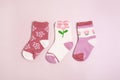 Colorful baby kid socks , different print color for boy and girl. Cloth textile.
