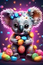 A colorful baby koala and the candies with cute and adorable pose, animal creatures, stickers, design, artwork