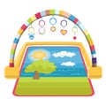 Colorful baby play mat with hanging toys and scenic nature background. Child play gym with sun, tree, and clouds