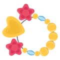 Colorful baby rattle toy with yellow, red, and blue elements. Infant teething ring with stars and circles for soothing