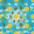 Colorful baby seamless pattern. Vector light blue cute background. Sky, sun, clouds, butterflies, leaves. Beautiful design for b Royalty Free Stock Photo