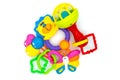 Colorful baby toys on white. Toys for newborns. Kids toys. Top view Royalty Free Stock Photo