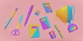 Colorful Back to school concept background with school supplies. 3d rendering