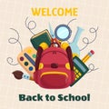 Colorful back to school illustration template with different studying supplies -bag paint palette and brush, book Royalty Free Stock Photo