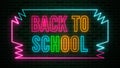 Colorful Back To School Lettering Glowing Neon Sign Inside Neon Light Zigzag Straight Line Frame On Dark Green Brick Wall