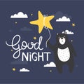 Colorful background with bear, moon, stars, english text. Good night. Decorative cute background, funny animal, night sky Royalty Free Stock Photo