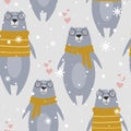 Colorful seamless pattern with happy bears, hearts, snow. Decorative cute background with animals