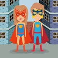 Colorful background buildings brick facade with superhero couple with costumes