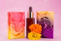 colorful background with  calendula flawer   handmade soap oil and green leave sage Royalty Free Stock Photo