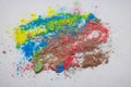 Colorful background of chalk powder. Multicolored dust particles splattered on white background Royalty Free Stock Photo