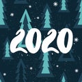 Colorful background with 2020, christmas fir trees, snow. Decorative backdrop, winter. Happy New Year, festal greeting card Royalty Free Stock Photo