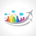 Colorful background with city and airplanes