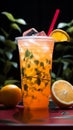 A colorful background complements a zesty lemonade cocktail in a plastic cup