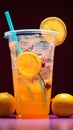 A colorful background complements a zesty lemonade cocktail in a plastic cup