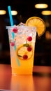A colorful background complements a zesty lemonade cocktail in a plastic cup Royalty Free Stock Photo
